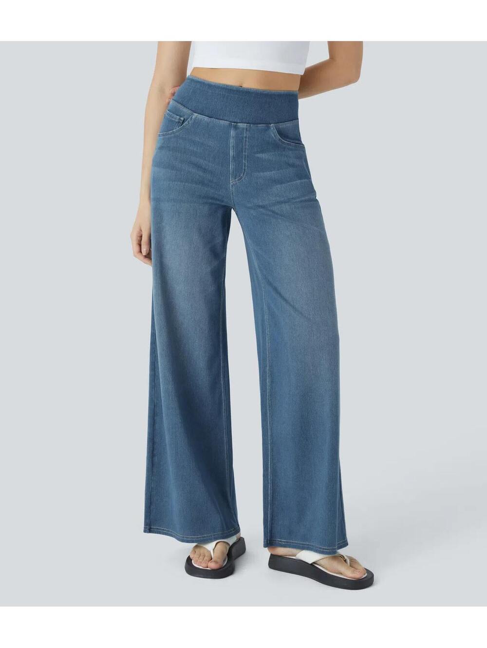 Halara Flex™ High Waisted Pockets Baggy Wide Leg Washed Casual Jeans Size L Reg